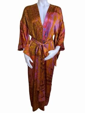 Carmen Molina Silk Kimono Maxi Dress Robe Bronze Pink Abstract OS
